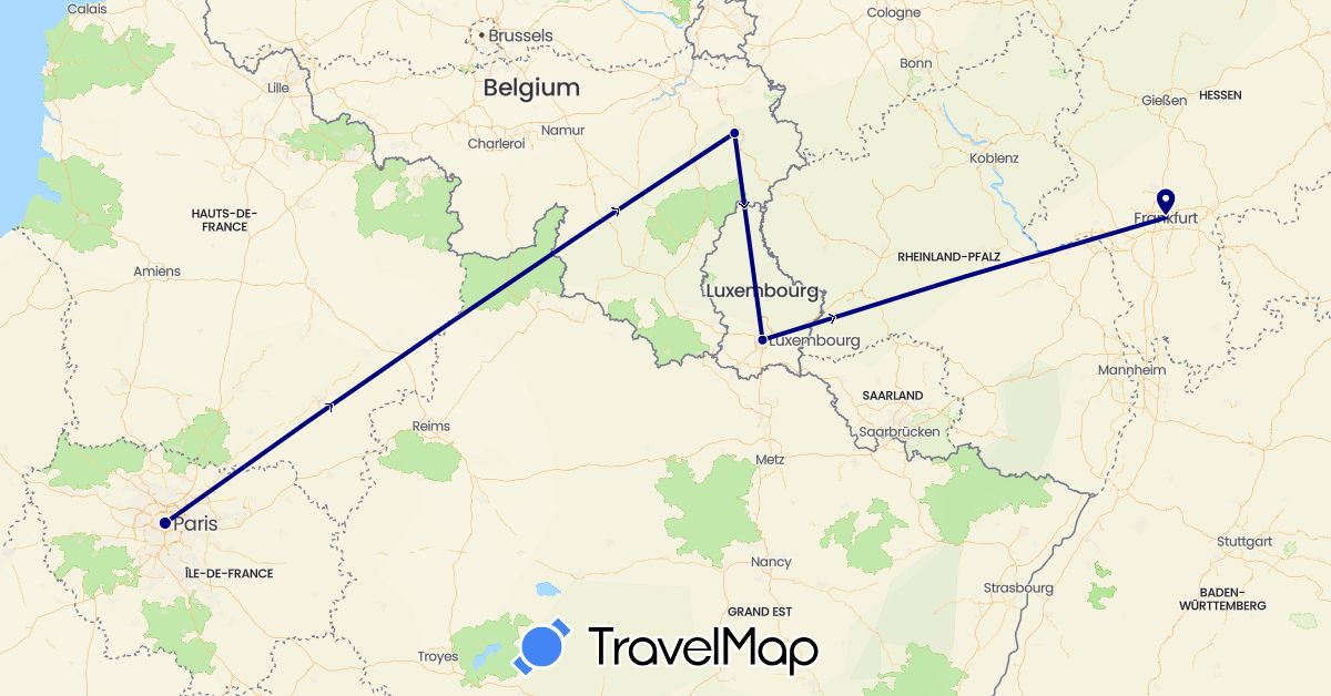 TravelMap itinerary: driving in Belgium, Germany, France, Luxembourg (Europe)
